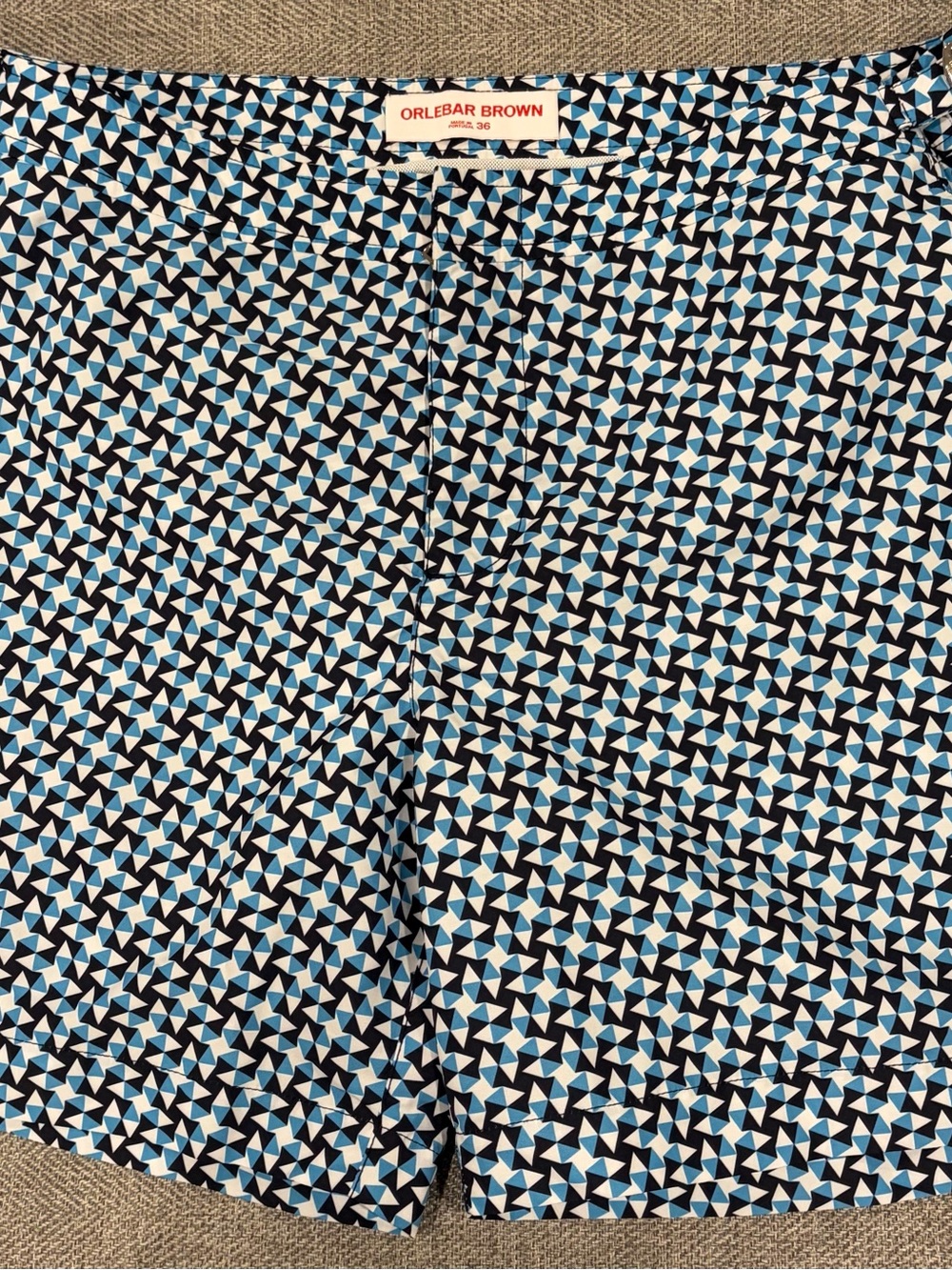 Orlebar Brown Navy, Light Blue & White Geometric Swim Shorts 36